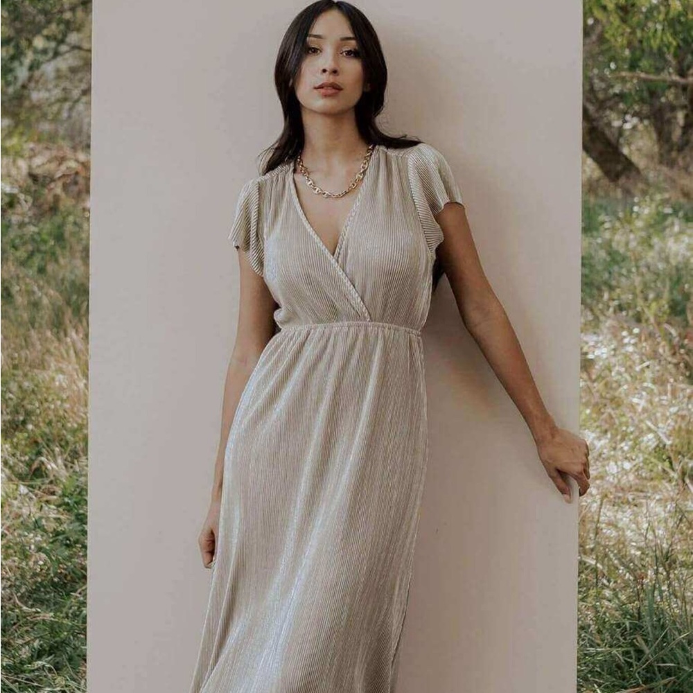 See and Be Seen Womens Gold Athena Pleated Maxi Dress Large